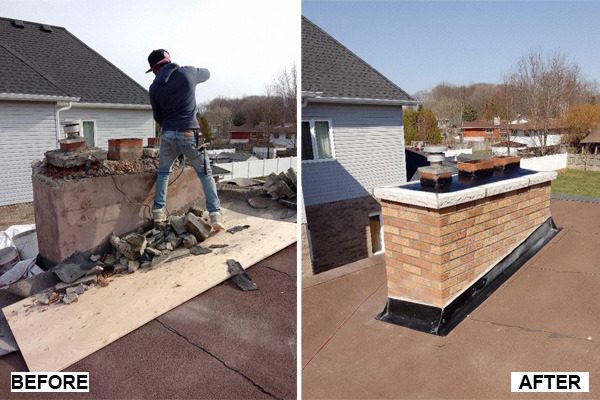 Chimney rebuild and roof flashing before and after